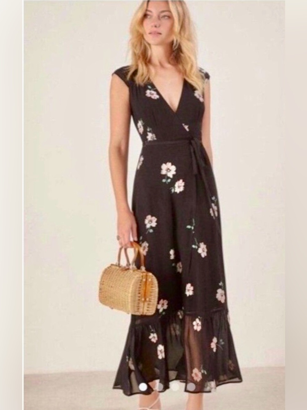 Reformation Carina Midi Wrap Dress Size XS Black Floral